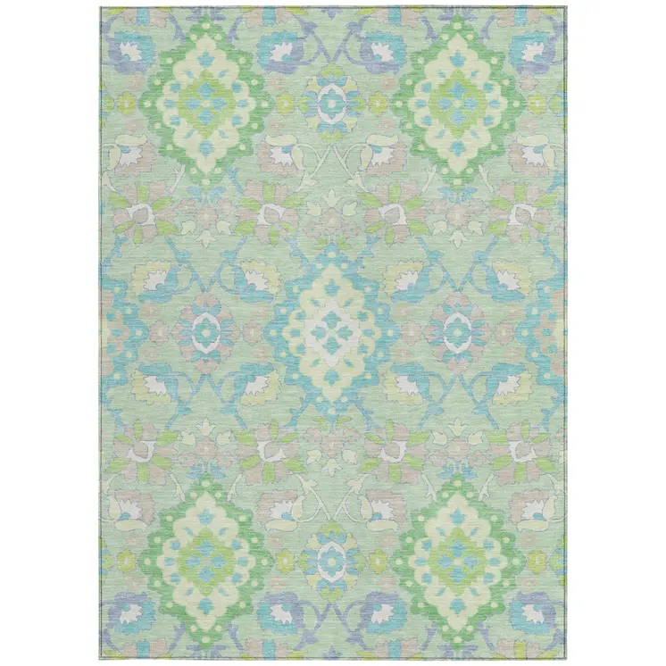 5' X 8' Mint Green Blue And Ivory Oriental Washable Indoor Outdoor Area Rug