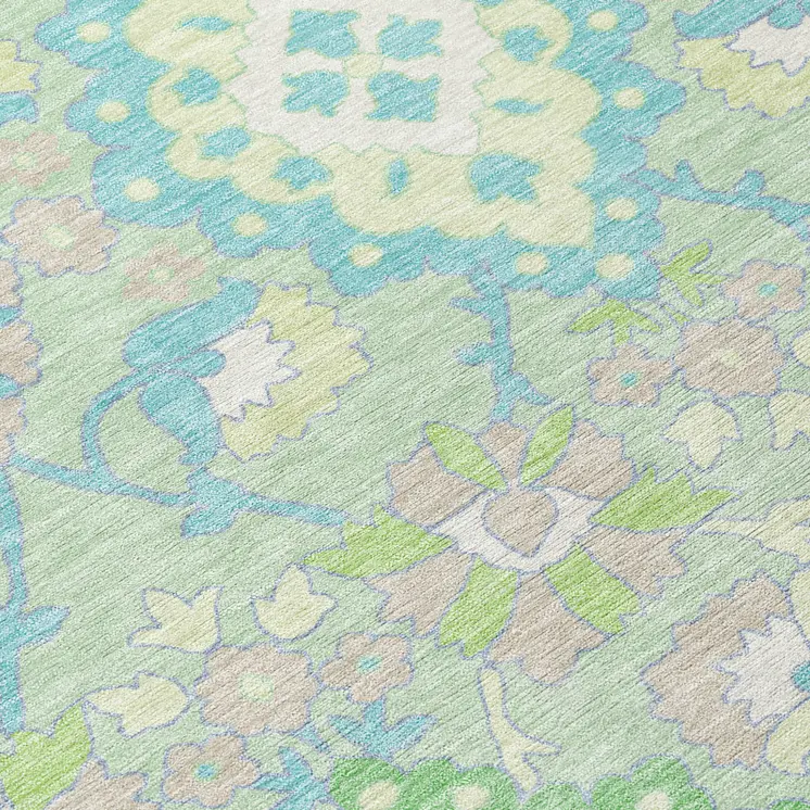 5' X 8' Mint Green Blue And Ivory Oriental Washable Indoor Outdoor Area Rug