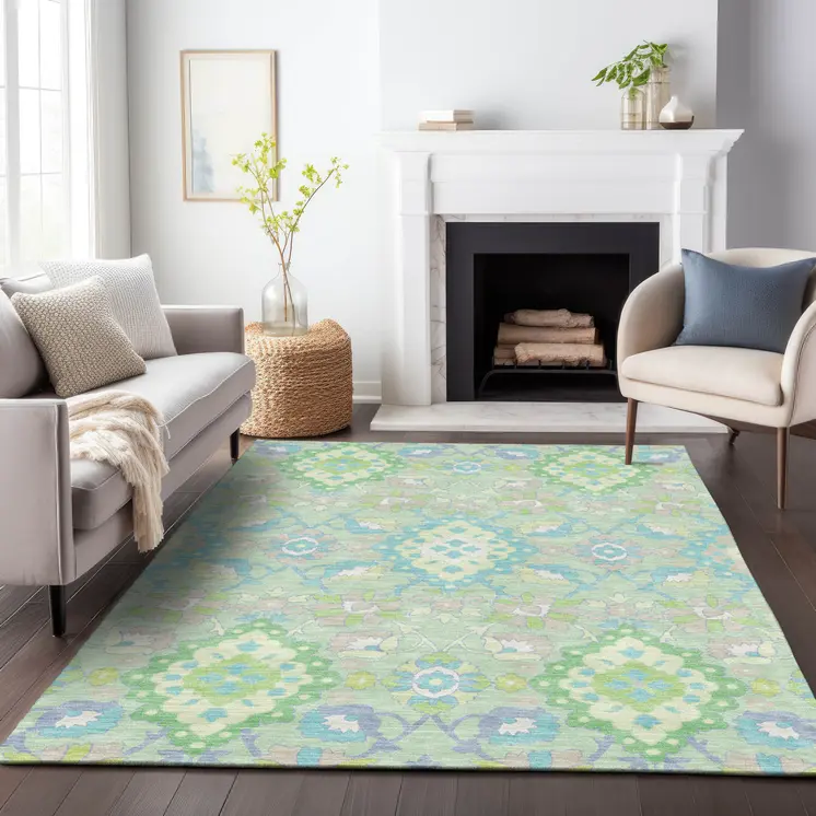 5' X 8' Mint Green Blue And Ivory Oriental Washable Indoor Outdoor Area Rug