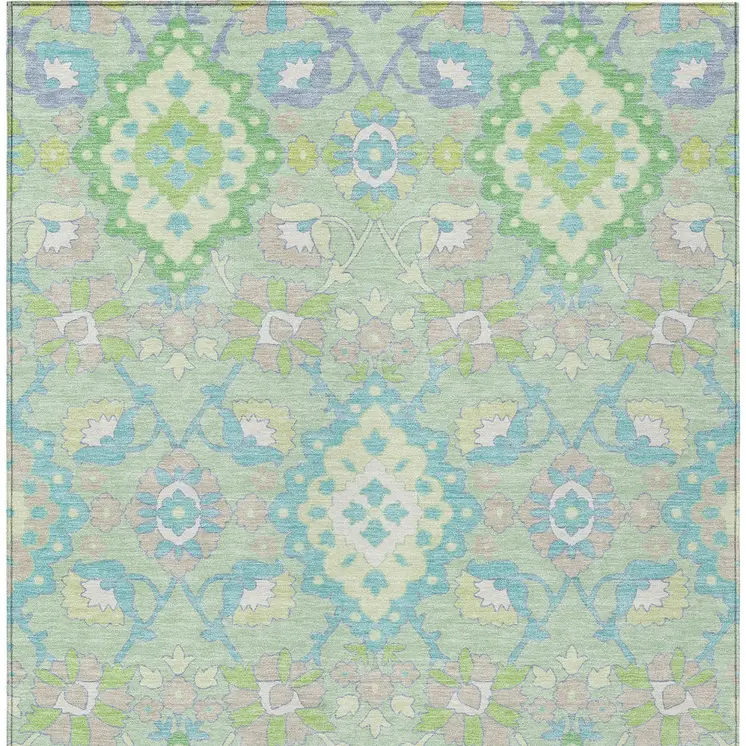 10' X 14' Mint Green Blue And Ivory Oriental Washable Indoor Outdoor Area Rug