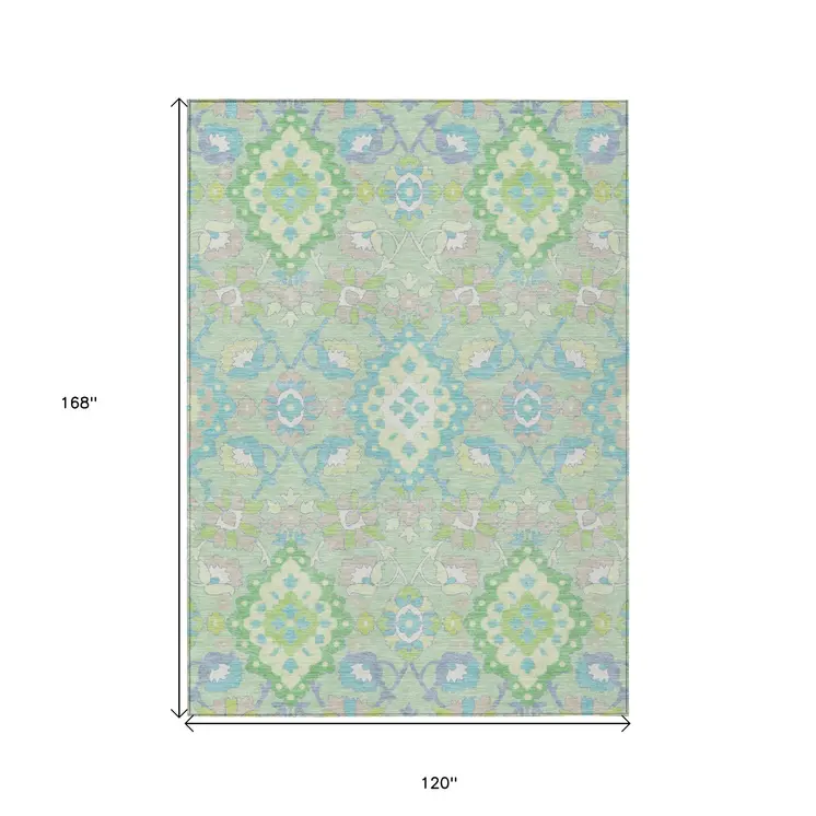 10' X 14' Mint Green Blue And Ivory Oriental Washable Indoor Outdoor Area Rug