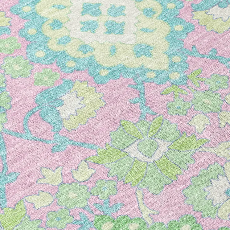5' X 8' Pink Green And Blue Oriental Washable Indoor Outdoor Area Rug
