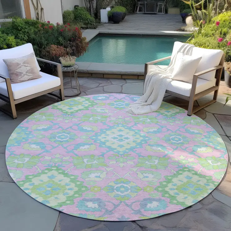 8' Pink Green And Blue Round Oriental Washable Indoor Outdoor Area Rug