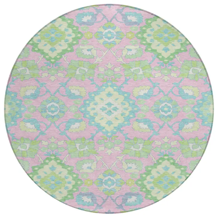 8' Pink Green And Blue Round Oriental Washable Indoor Outdoor Area Rug