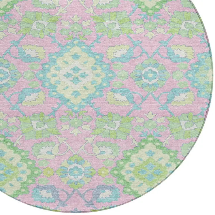 8' Pink Green And Blue Round Oriental Washable Indoor Outdoor Area Rug