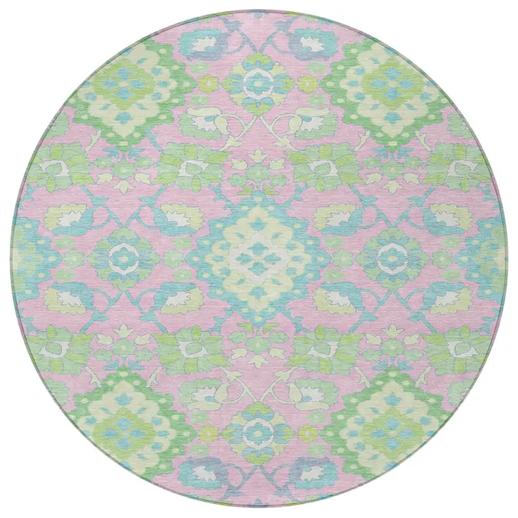 8' Pink Green And Blue Round Oriental Washable Indoor Outdoor Area Rug