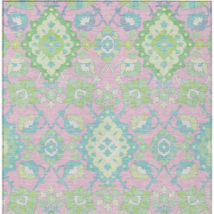 8' X 10' Pink Green And Blue Oriental Washable Indoor Outdoor Area Rug