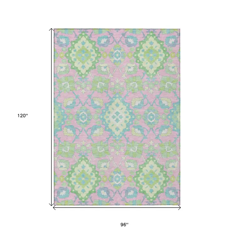 8' X 10' Pink Green And Blue Oriental Washable Indoor Outdoor Area Rug