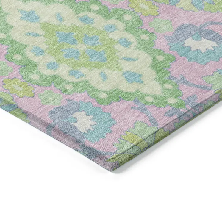 8' X 10' Pink Green And Blue Oriental Washable Indoor Outdoor Area Rug