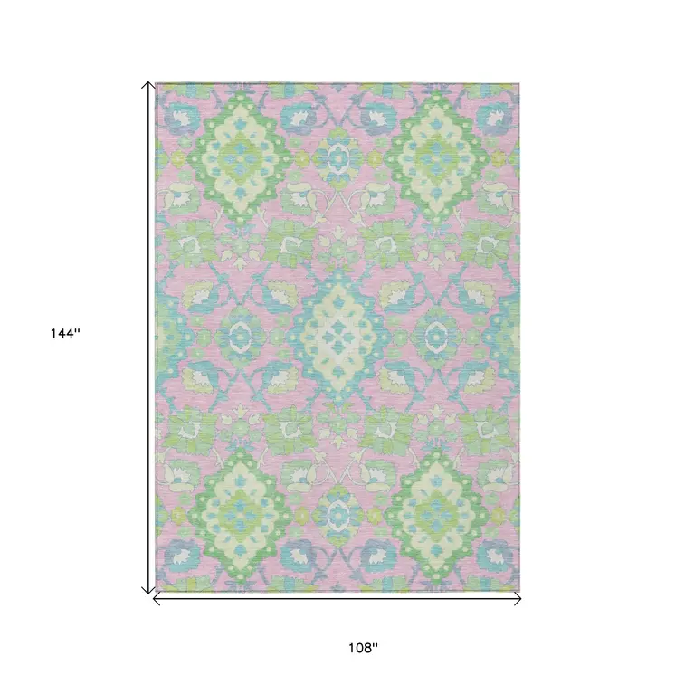 9' X 12' Pink Green And Blue Oriental Washable Indoor Outdoor Area Rug