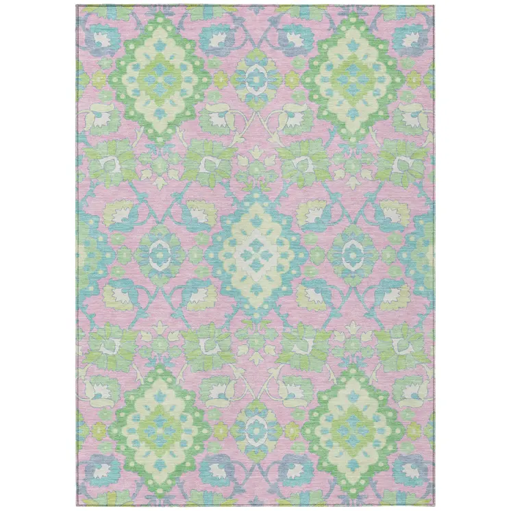 9' X 12' Pink Green And Blue Oriental Washable Indoor Outdoor Area Rug