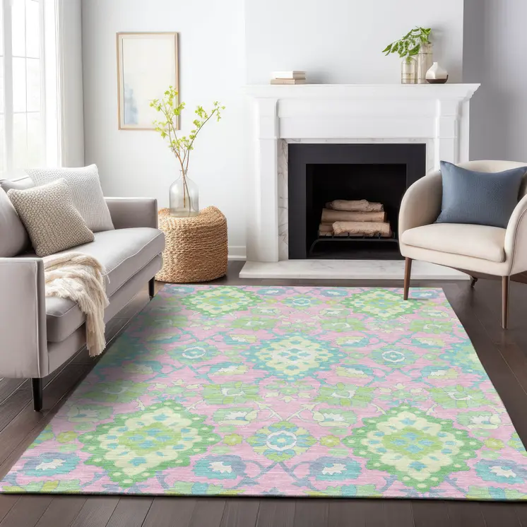 9' X 12' Pink Green And Blue Oriental Washable Indoor Outdoor Area Rug