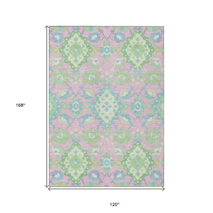 10' X 14' Pink Green And Blue Oriental Washable Indoor Outdoor Area Rug