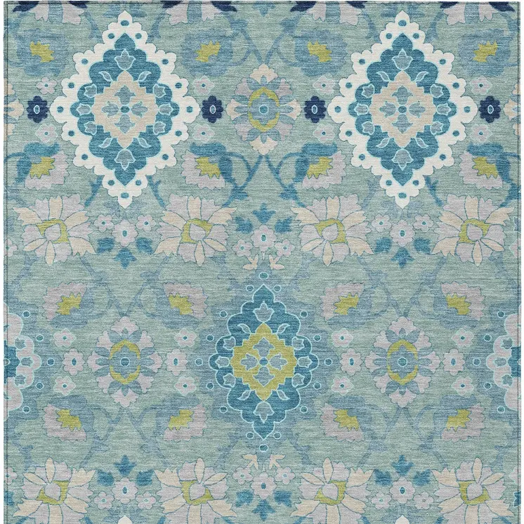 3' X 5' Teal Blue Green And Ivory Oriental Washable Indoor Outdoor Area Rug