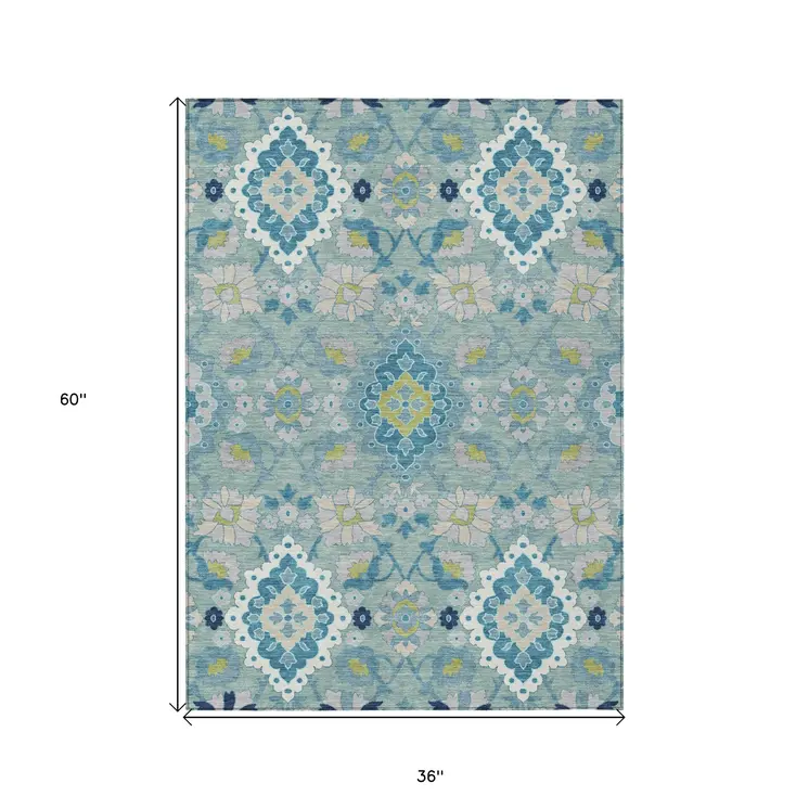 3' X 5' Teal Blue Green And Ivory Oriental Washable Indoor Outdoor Area Rug