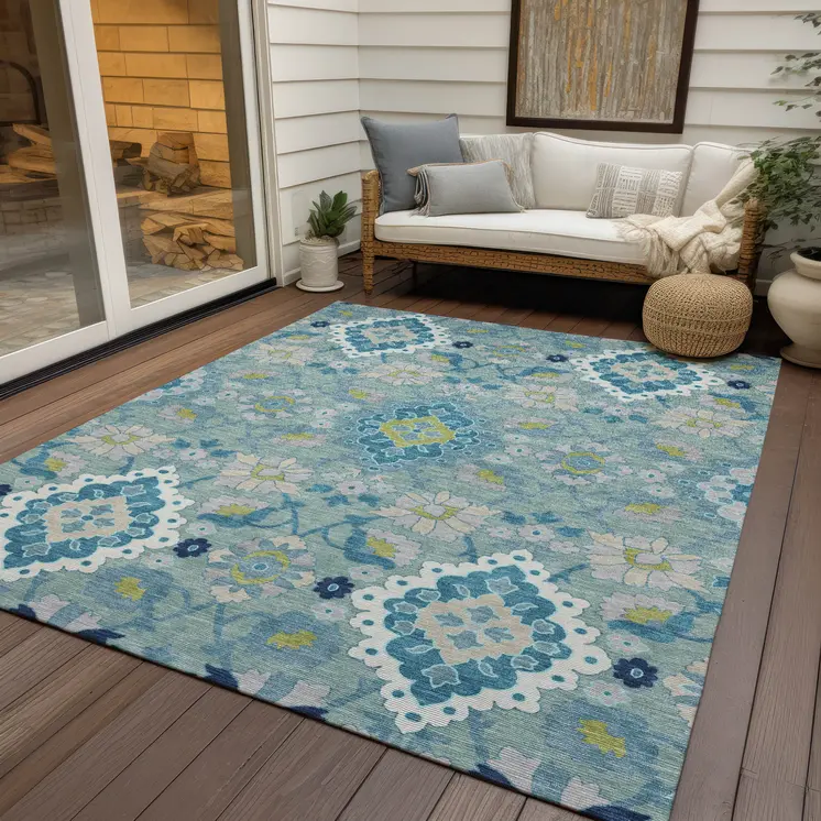 3' X 5' Teal Blue Green And Ivory Oriental Washable Indoor Outdoor Area Rug