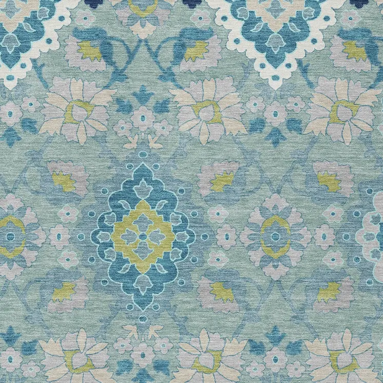 3' X 5' Teal Blue Green And Ivory Oriental Washable Indoor Outdoor Area Rug