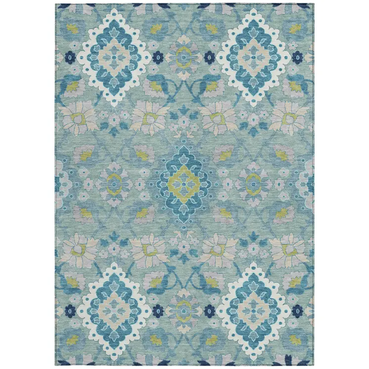 5' X 8' Teal Blue Green And Ivory Oriental Washable Indoor Outdoor Area Rug