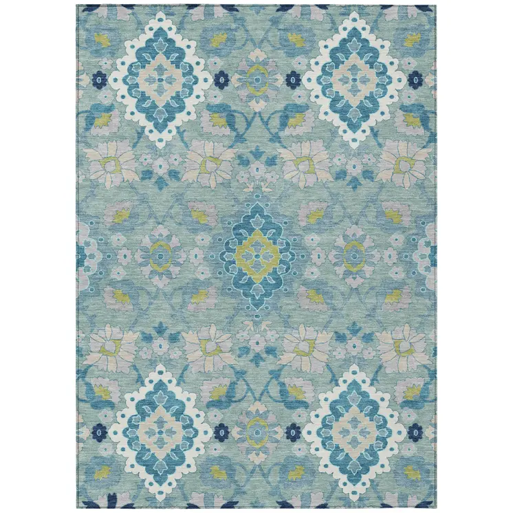 5' X 8' Teal Blue Green And Ivory Oriental Washable Indoor Outdoor Area Rug
