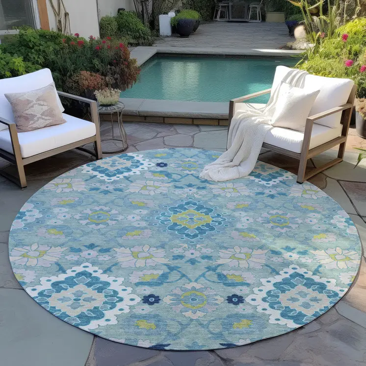 8' Teal Blue Green And Ivory Round Oriental Washable Indoor Outdoor Area Rug