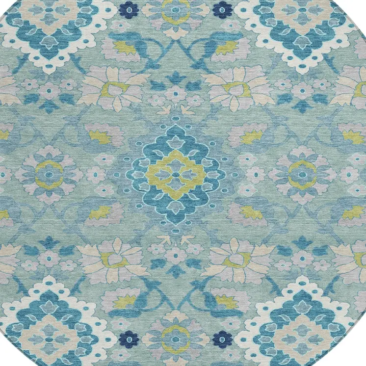 8' Teal Blue Green And Ivory Round Oriental Washable Indoor Outdoor Area Rug