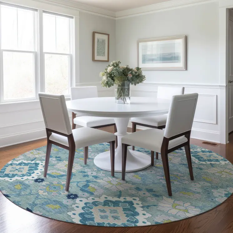 8' Teal Blue Green And Ivory Round Oriental Washable Indoor Outdoor Area Rug