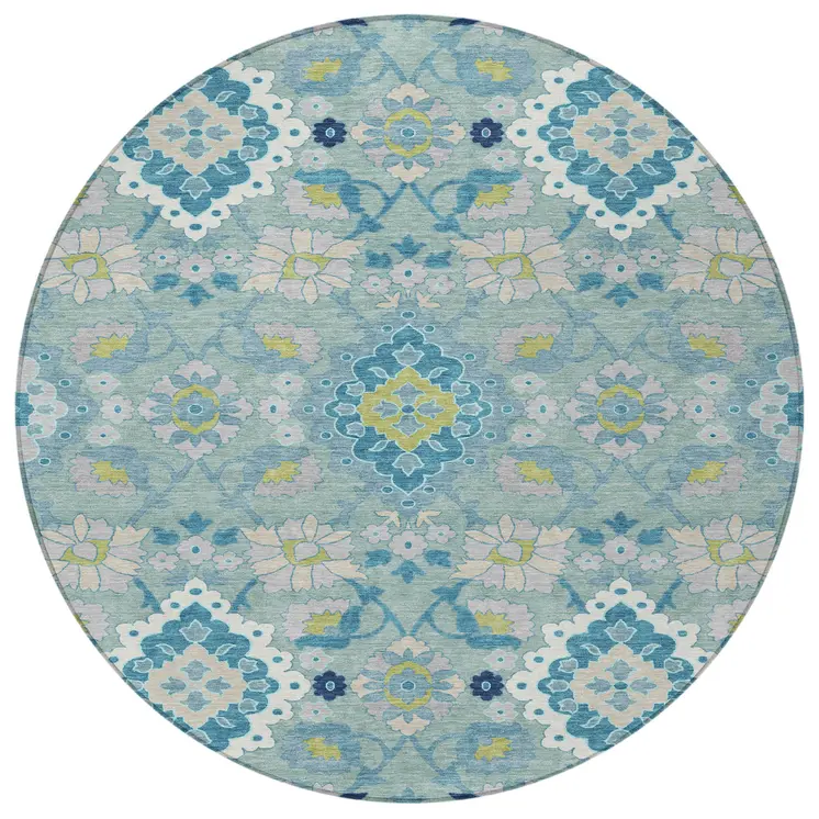 8' Teal Blue Green And Ivory Round Oriental Washable Indoor Outdoor Area Rug