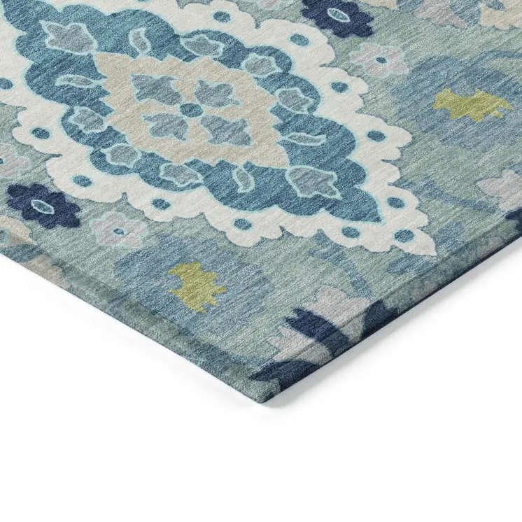 8' X 10' Teal Blue Green And Ivory Oriental Washable Indoor Outdoor Area Rug