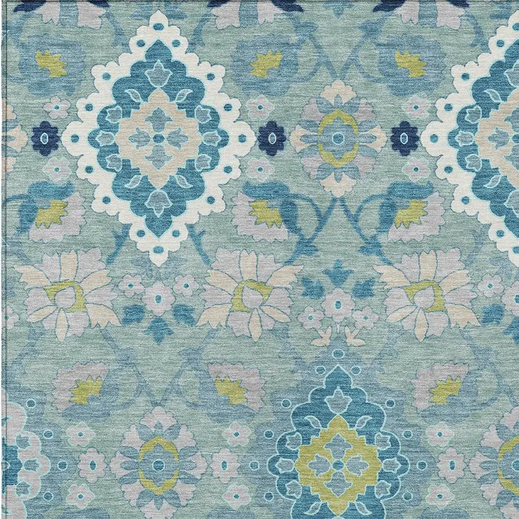 8' X 10' Teal Blue Green And Ivory Oriental Washable Indoor Outdoor Area Rug