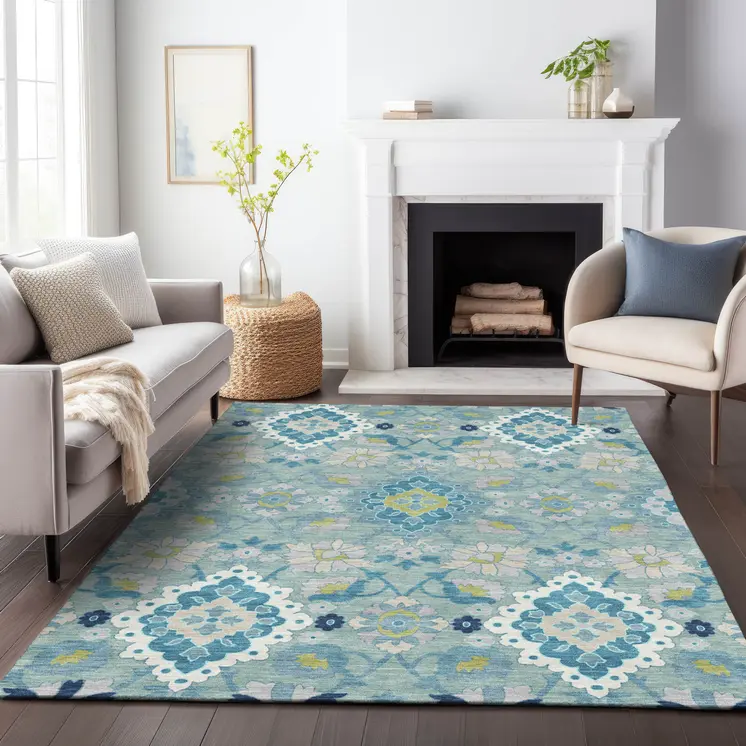 8' X 10' Teal Blue Green And Ivory Oriental Washable Indoor Outdoor Area Rug