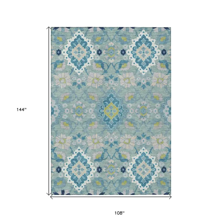 9' X 12' Teal Blue Green And Ivory Oriental Washable Indoor Outdoor Area Rug