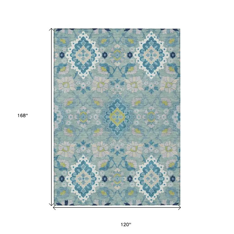 10' X 14' Teal Blue Green And Ivory Oriental Washable Indoor Outdoor Area Rug
