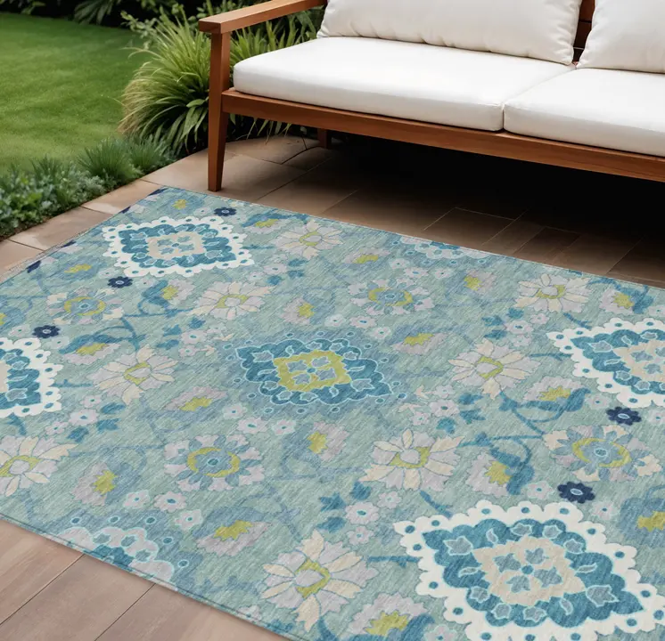 10' X 14' Teal Blue Green And Ivory Oriental Washable Indoor Outdoor Area Rug