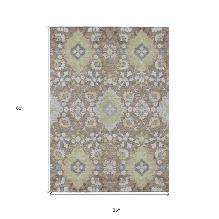 3' X 5' Taupe Beige And Green Oriental Washable Indoor Outdoor Area Rug