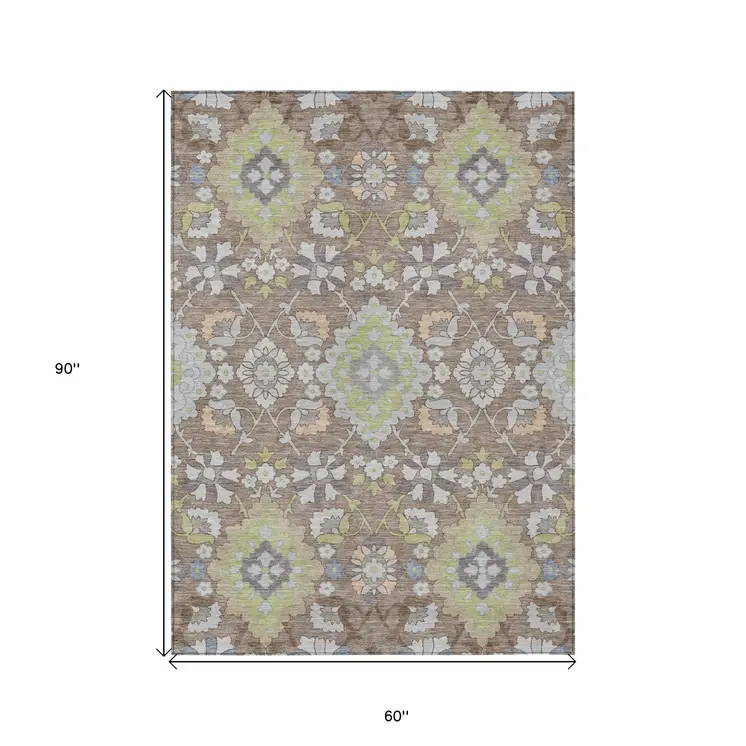5' X 8' Taupe Beige And Green Oriental Washable Indoor Outdoor Area Rug