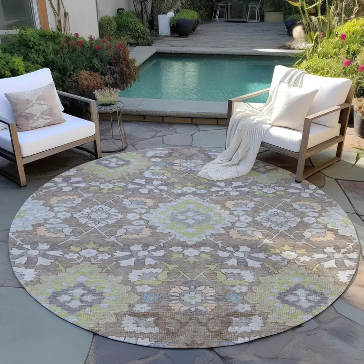 8' Taupe Beige And Green Round Oriental Washable Indoor Outdoor Area Rug