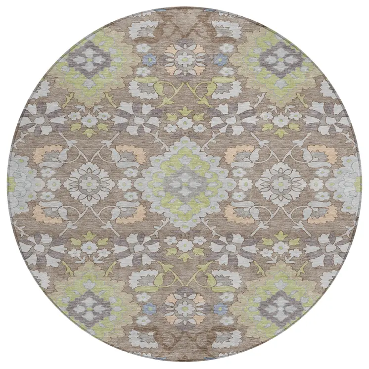 8' Taupe Beige And Green Round Oriental Washable Indoor Outdoor Area Rug
