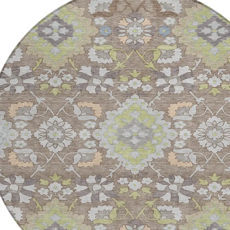 8' Taupe Beige And Green Round Oriental Washable Indoor Outdoor Area Rug