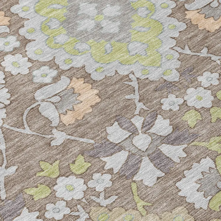8' Taupe Beige And Green Round Oriental Washable Indoor Outdoor Area Rug