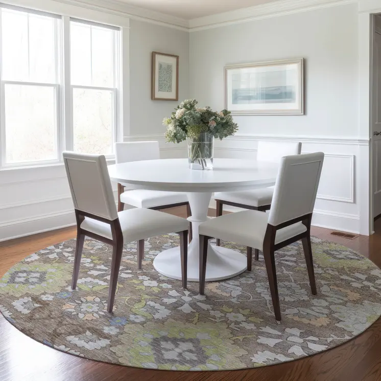 8' Taupe Beige And Green Round Oriental Washable Indoor Outdoor Area Rug