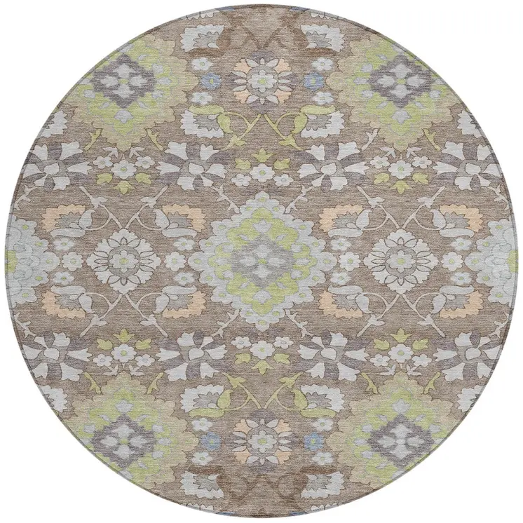 8' Taupe Beige And Green Round Oriental Washable Indoor Outdoor Area Rug