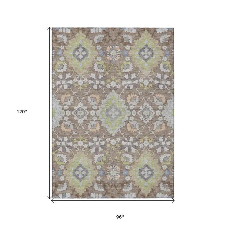 8' X 10' Taupe Beige And Green Oriental Washable Indoor Outdoor Area Rug
