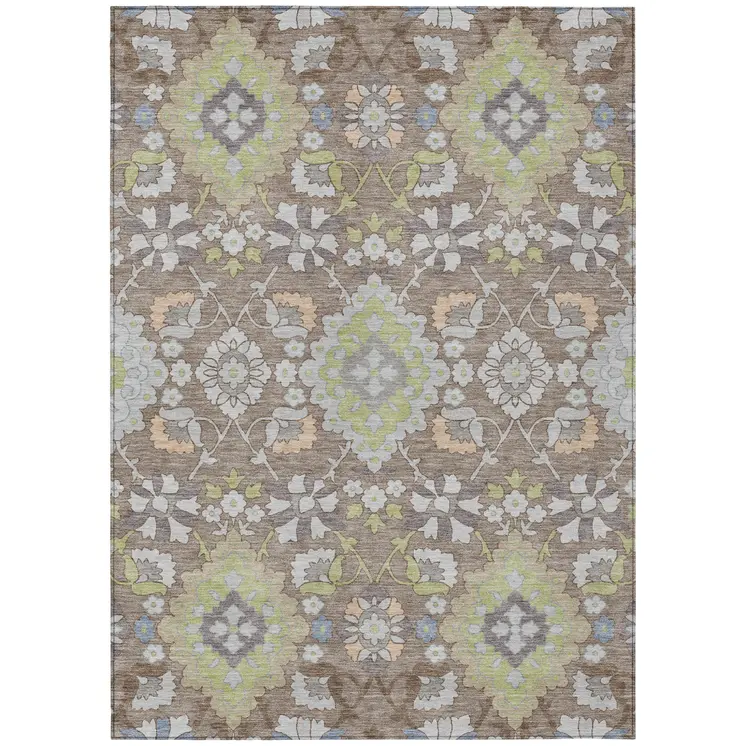 8' X 10' Taupe Beige And Green Oriental Washable Indoor Outdoor Area Rug