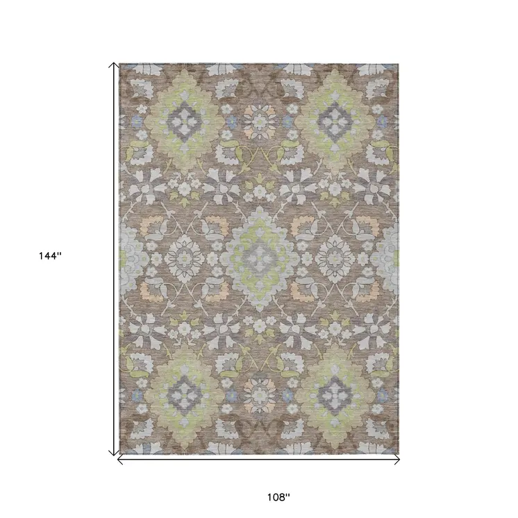 9' X 12' Taupe Beige And Green Oriental Washable Indoor Outdoor Area Rug