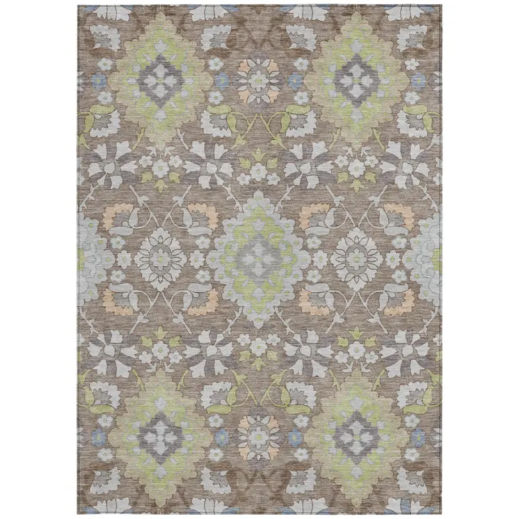 10' X 14' Taupe Beige And Green Oriental Washable Indoor Outdoor Area Rug