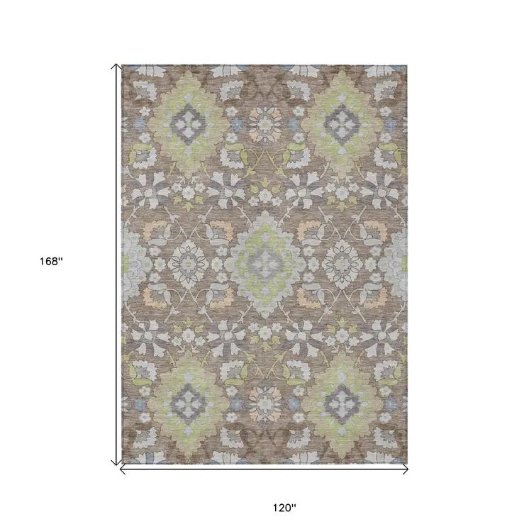 10' X 14' Taupe Beige And Green Oriental Washable Indoor Outdoor Area Rug
