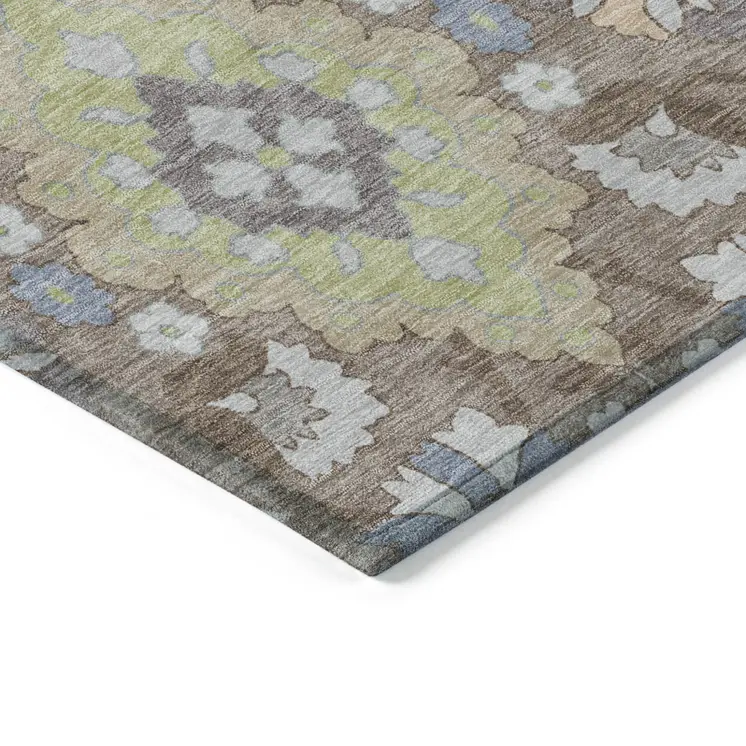 10' X 14' Taupe Beige And Green Oriental Washable Indoor Outdoor Area Rug