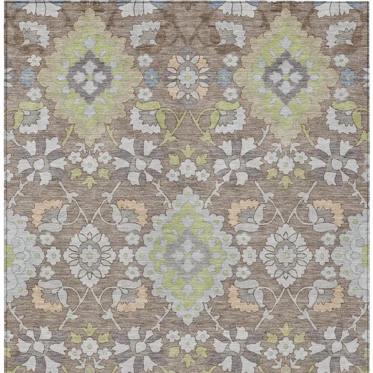 10' X 14' Taupe Beige And Green Oriental Washable Indoor Outdoor Area Rug
