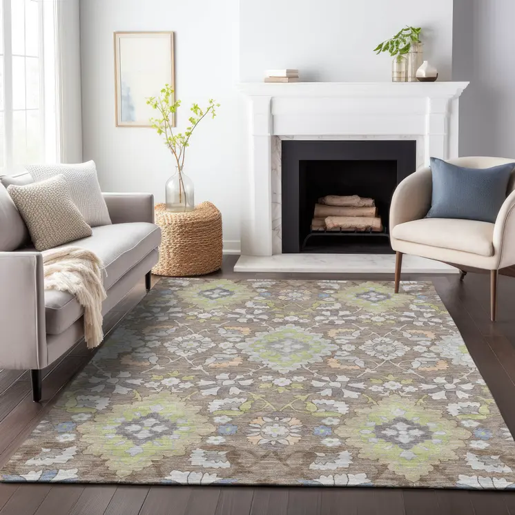 10' X 14' Taupe Beige And Green Oriental Washable Indoor Outdoor Area Rug