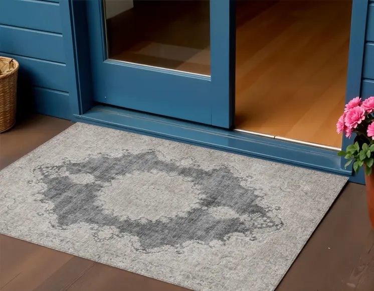 3' X 5' Black And Ivory Oriental Washable Indoor Outdoor Area Rug
